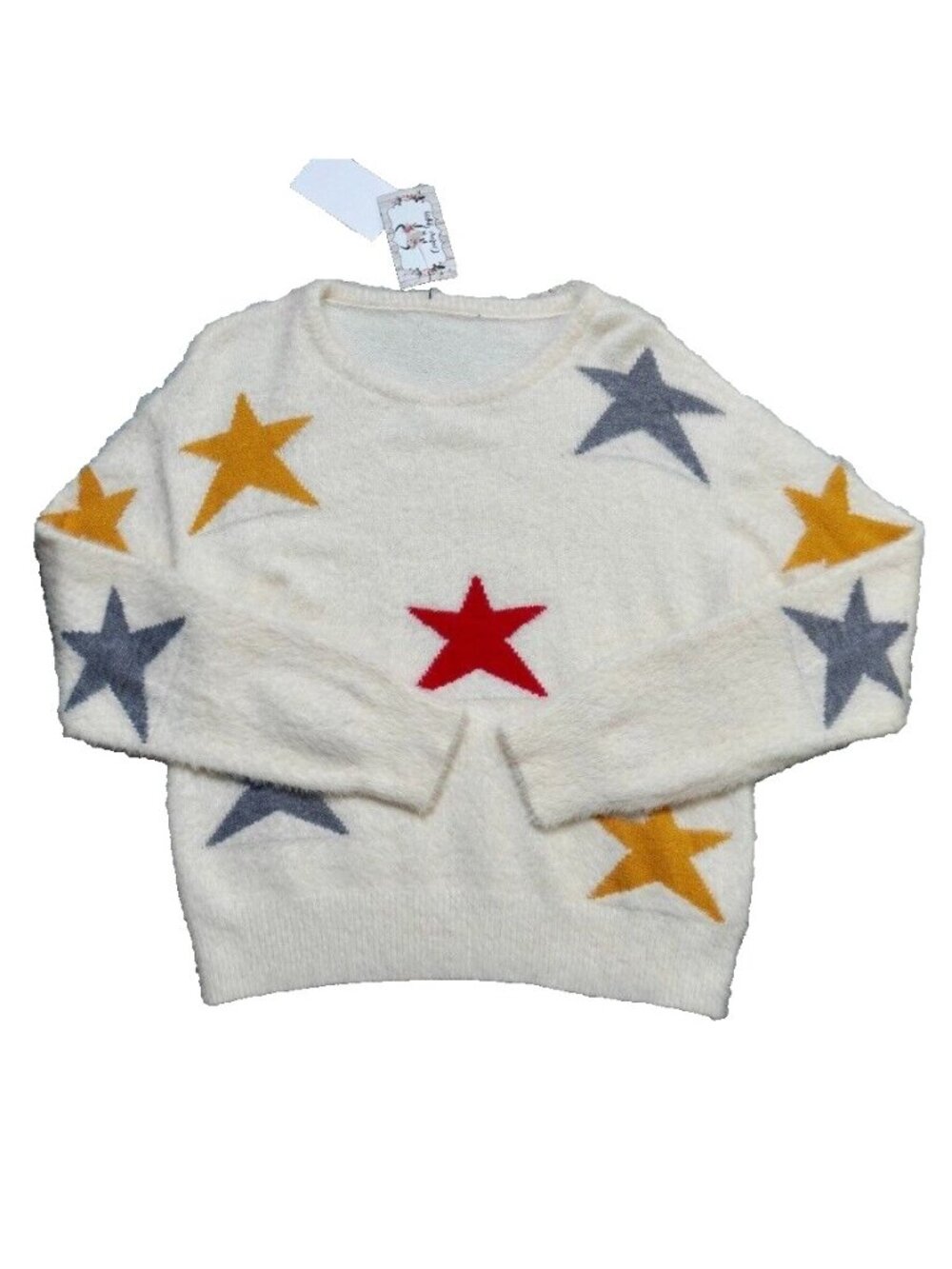 Sweater Stars Women Sz Lg Knit Stars Knit Ivory White Fluffy Light Weight NEW